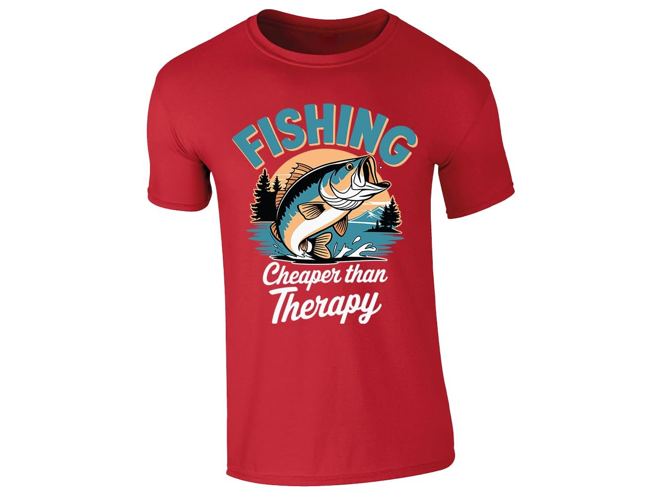 61iunvtxv3l.jpg Red men's T-shirt with “Fishing – cheaper than therapy” bass design