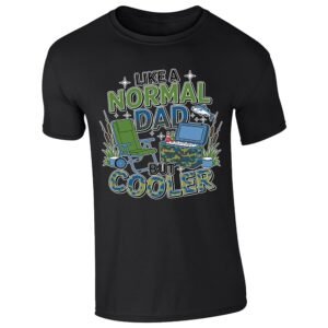 Black men's T-shirt with “Like a normal dad but cooler” camping chair and cool box design