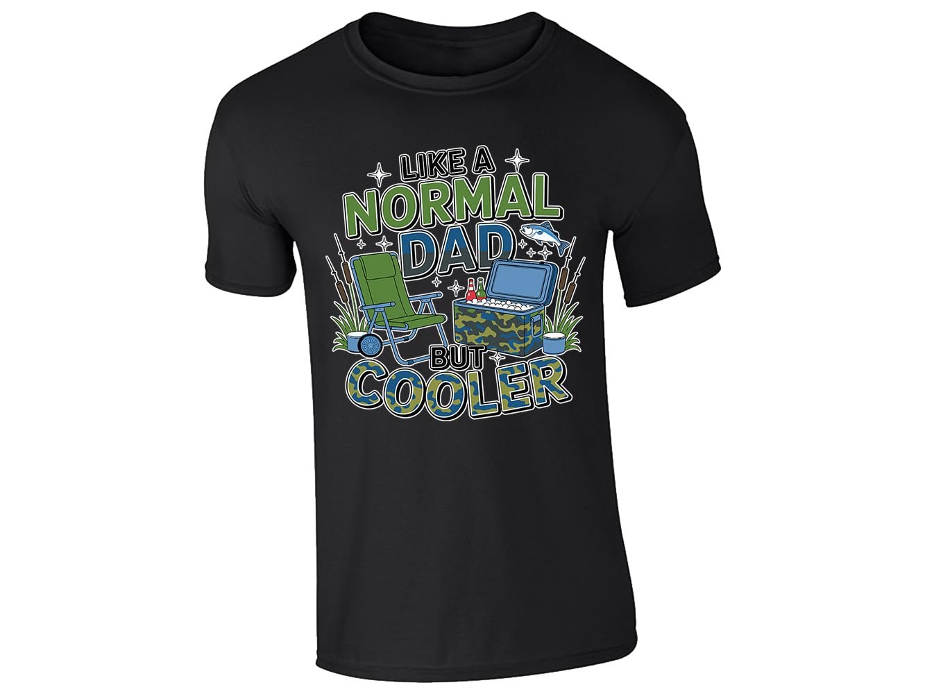 61ix2vcl2yl.jpg Black men's T-shirt with “Like a normal dad but cooler” camping chair and cool box design