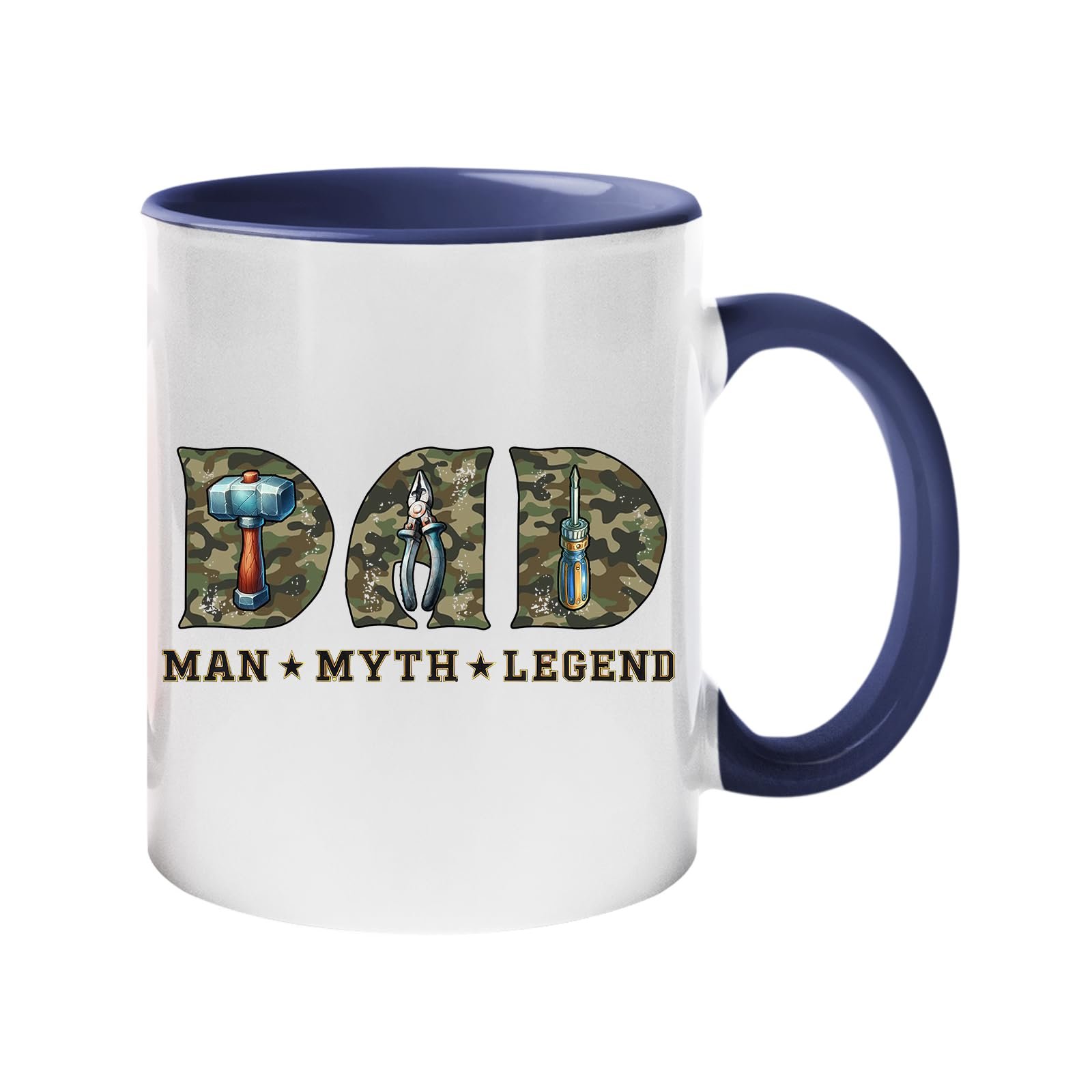 61isvni0eyl.jpg Colour handle mug with camo “DAD” letters with a hammer, pliers and screwdriver above “Man ★ Myth ★ Legend” – dark blue handle and inside