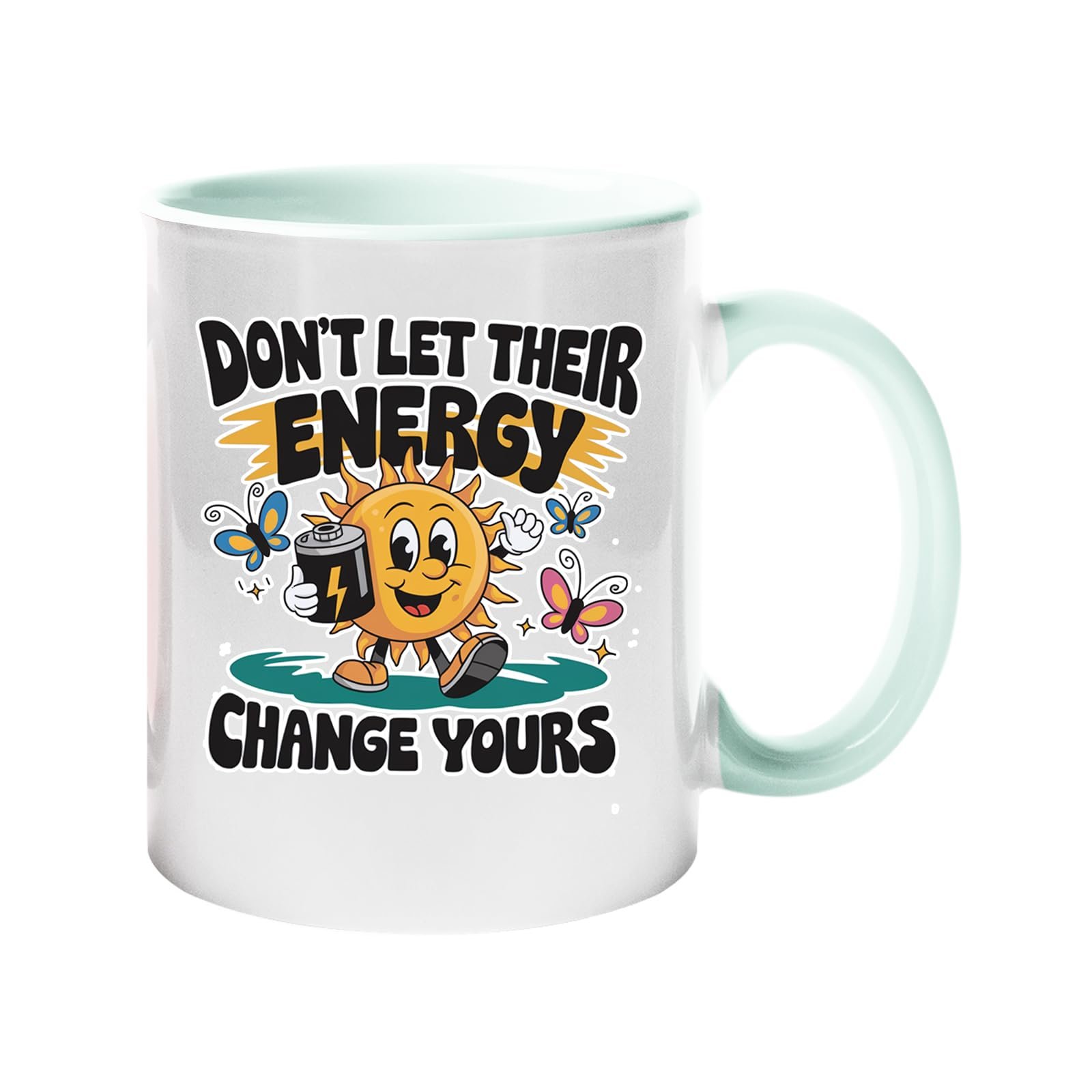 61iy ponfml.jpg Colour handle mug with a smiling sun with a coffee, butterflies and “Don’t let their energy change yours” – lime handle and inside