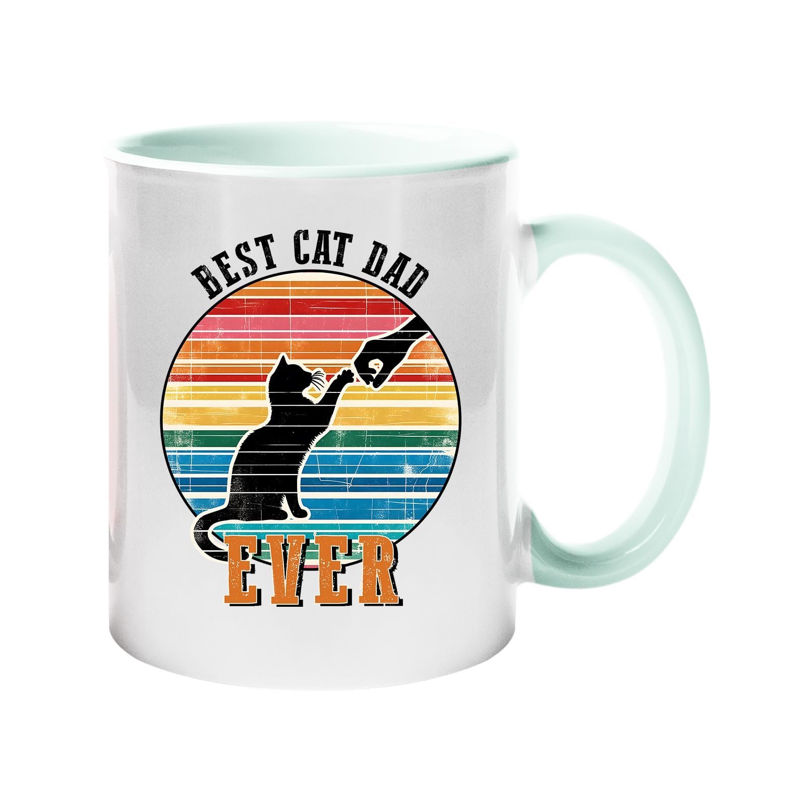 61j0erokjel.jpg Colour handle mug with a black cat against a retro rainbow sunset with “Best Cat Dad Ever” – lime handle and inside