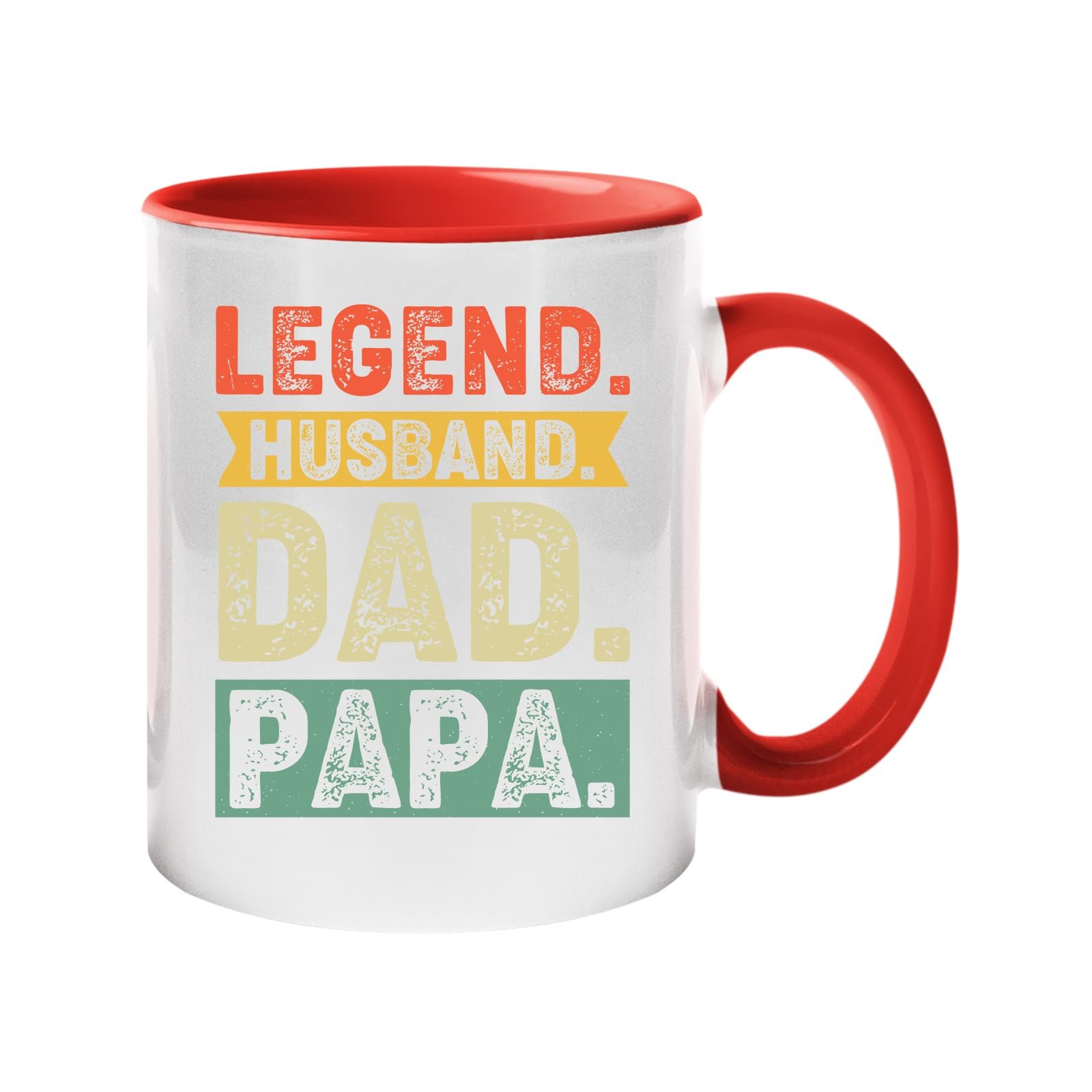 61jcx87a1gl.jpg Colour handle mug with “Legend. Husband. Dad. Papa.” in distressed retro colour blocks – red handle and inside