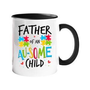 Colour handle mug with “Father of an AU-SOME child” with colourful puzzle pieces – black handle and inside