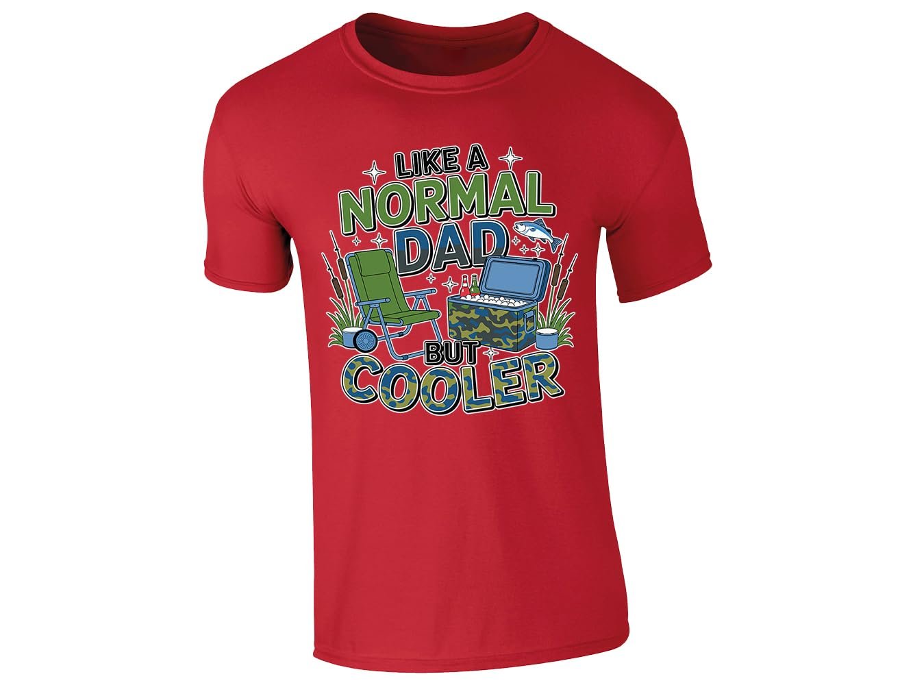 61kzxmx00ll.jpg Red men's T-shirt with “Like a normal dad but cooler” camping chair and cool box design