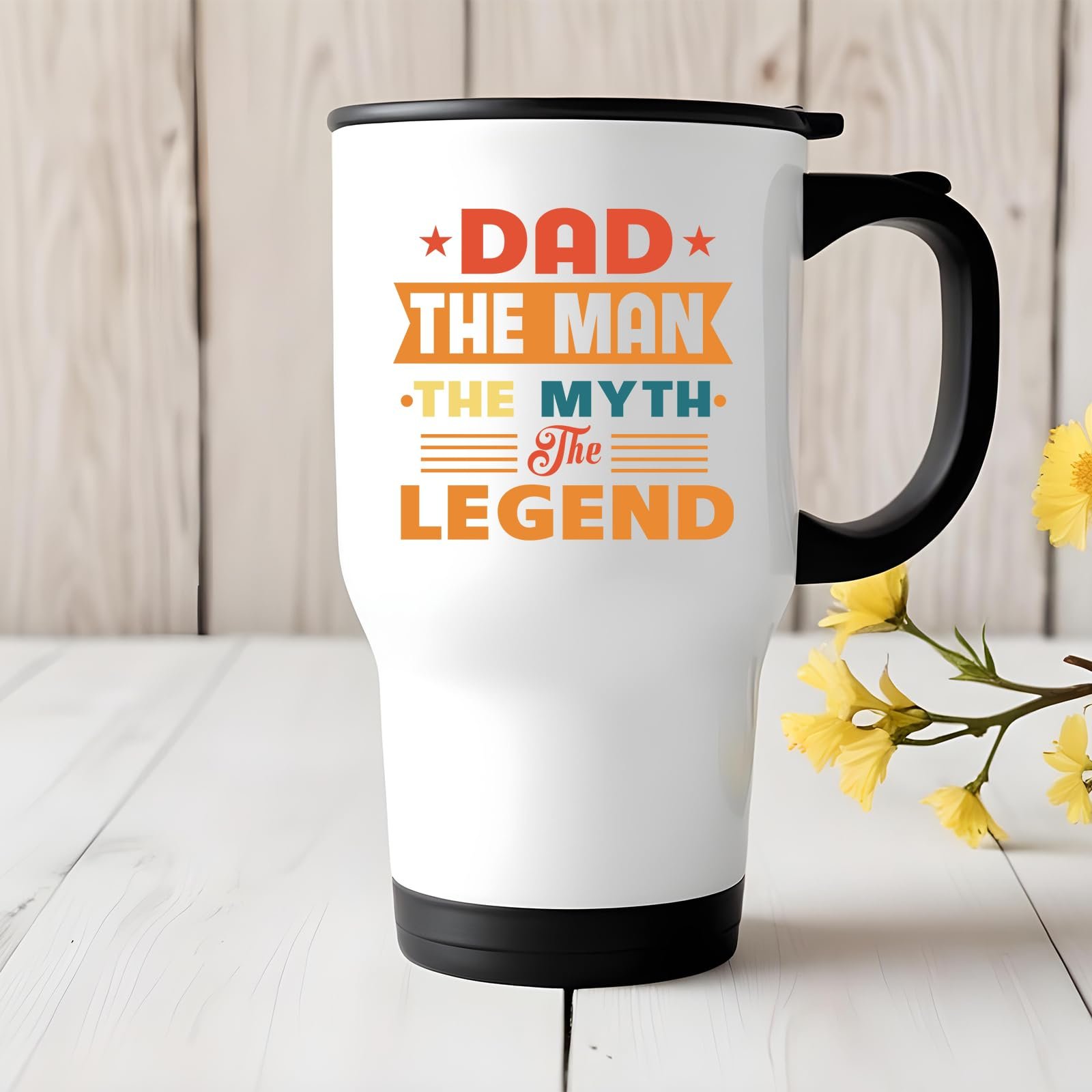 61kxviwitjl.jpg Dad the Man retro travel mug on a white wooden table with yellow flowers