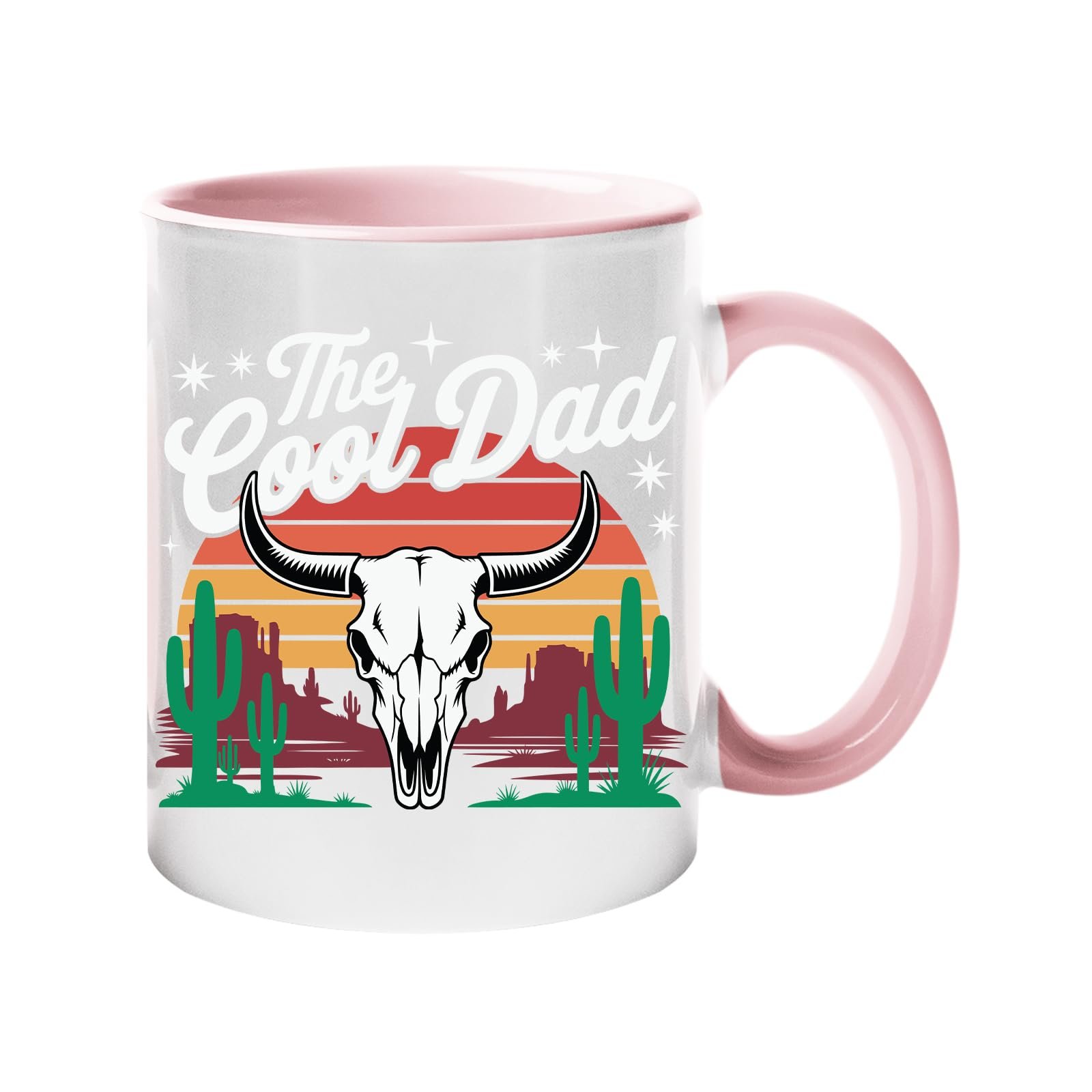 61kyb5wmbxl.jpg Colour handle mug with a bull skull, cacti and a retro desert sunset with “The Cool Dad” – light pink handle and inside