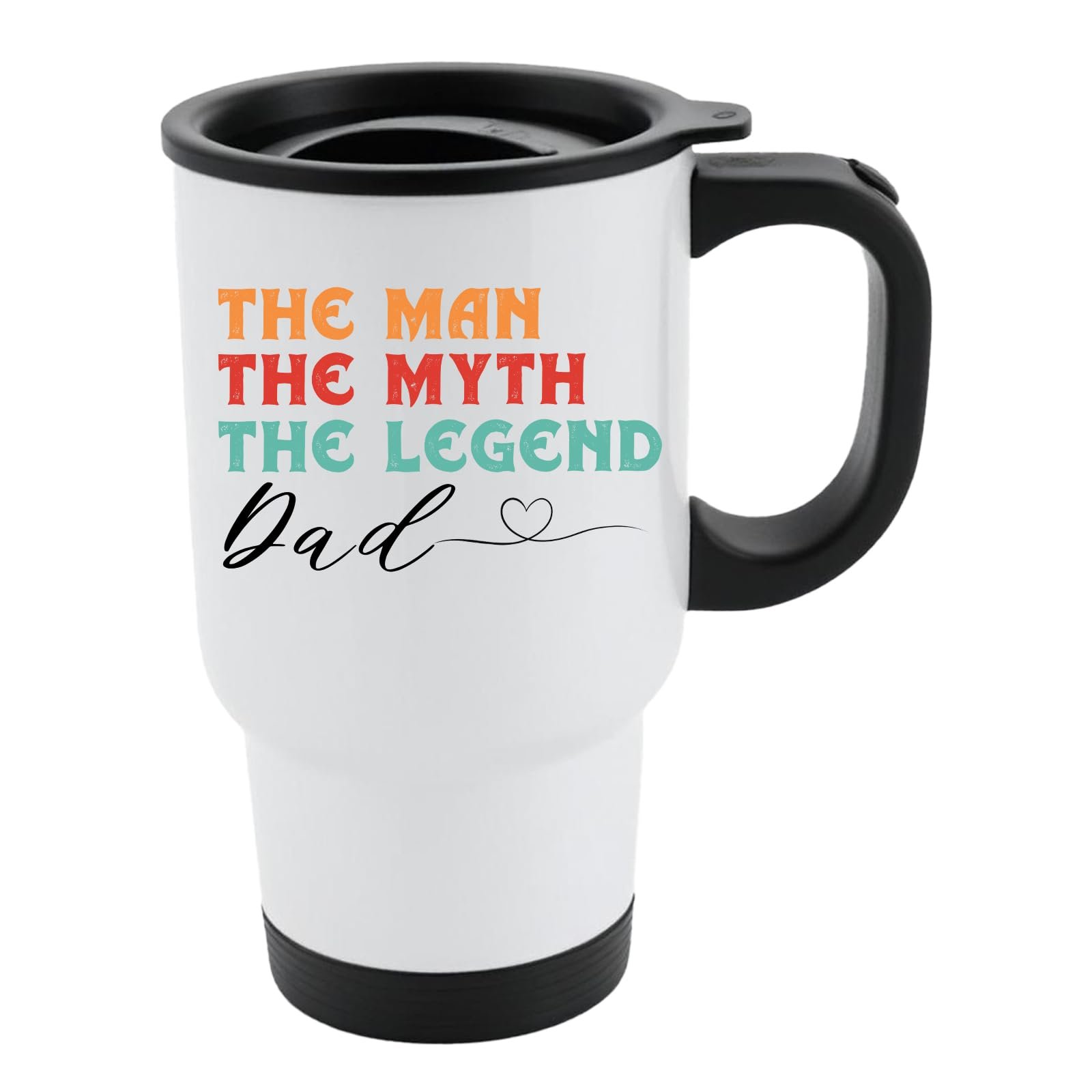 61ljtujzonl.jpg White travel mug with black lid and “The man, the myth, the legend” in retro colours signed “Dad” with a heart