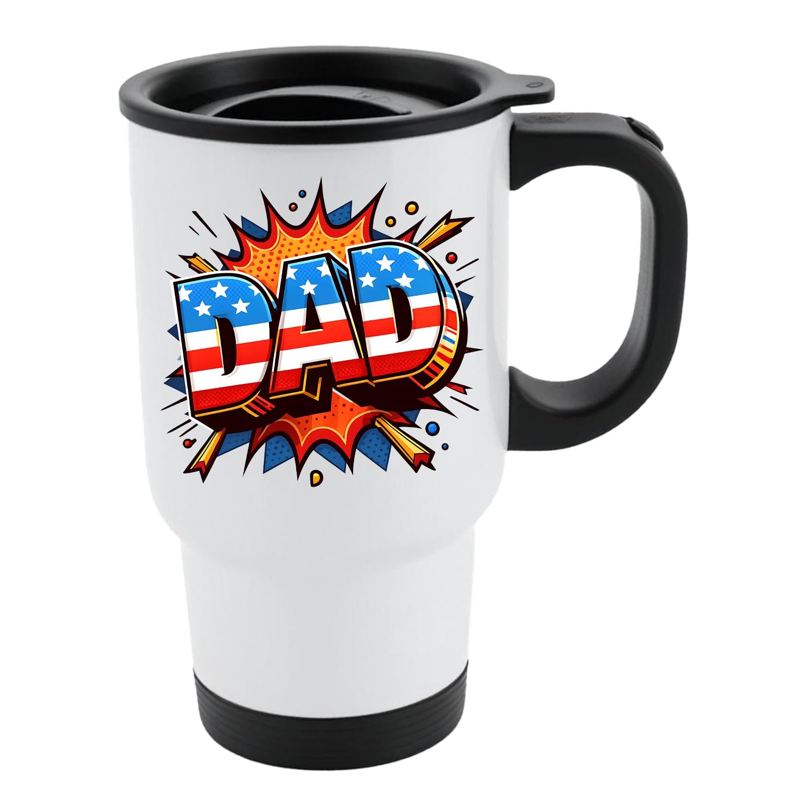 61lnwk3vk4l.jpg White travel mug with black lid and a comic-style “DAD” in stars and stripes on a starburst