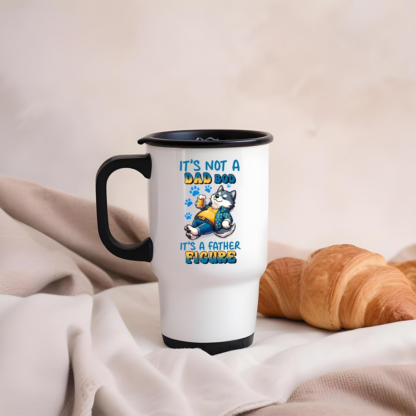 61lp2o5ojfl.jpg Dad Bod husky travel mug on a soft blanket beside a croissant