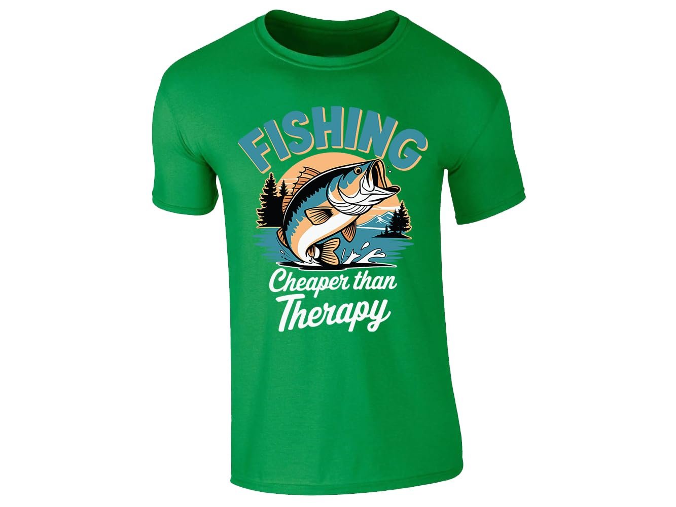 61lps5k9yvl.jpg Irish Green men's T-shirt with “Fishing – cheaper than therapy” bass design