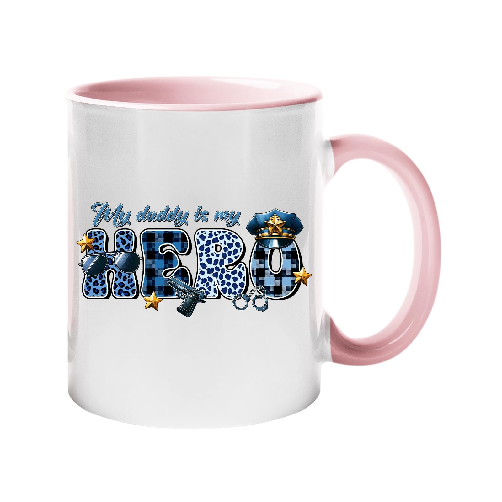 61layfwzarl.jpg Colour handle mug with “My daddy is my hero” in blue plaid and leopard letters with a police cap and badge – light pink handle and inside