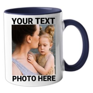 Dark blue handle mug with an example photo and text