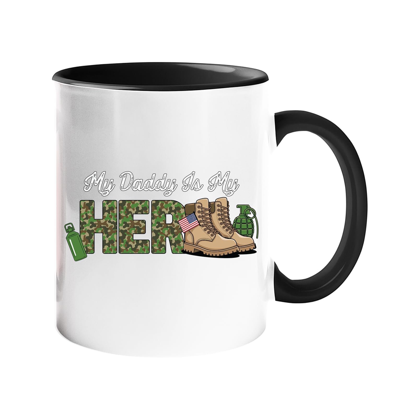 61luwfsn0tl.jpg Colour handle mug with “My Daddy is my hero” in camo lettering with army boots and a flag – black handle and inside