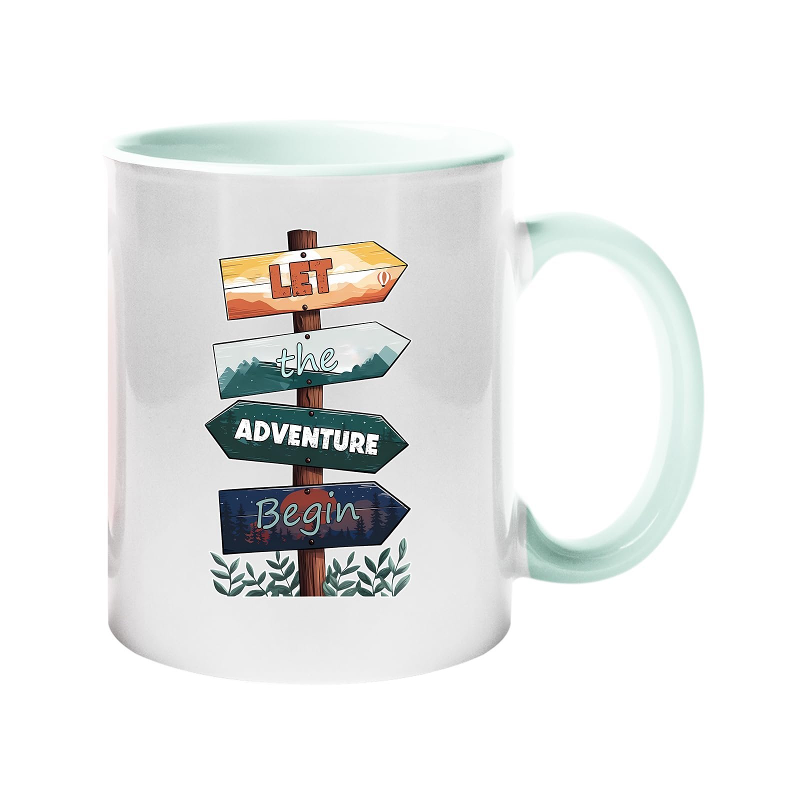 61mmdisn8rl.jpg Colour handle mug with wooden signposts spelling out “Let the adventure begin” – lime handle and inside