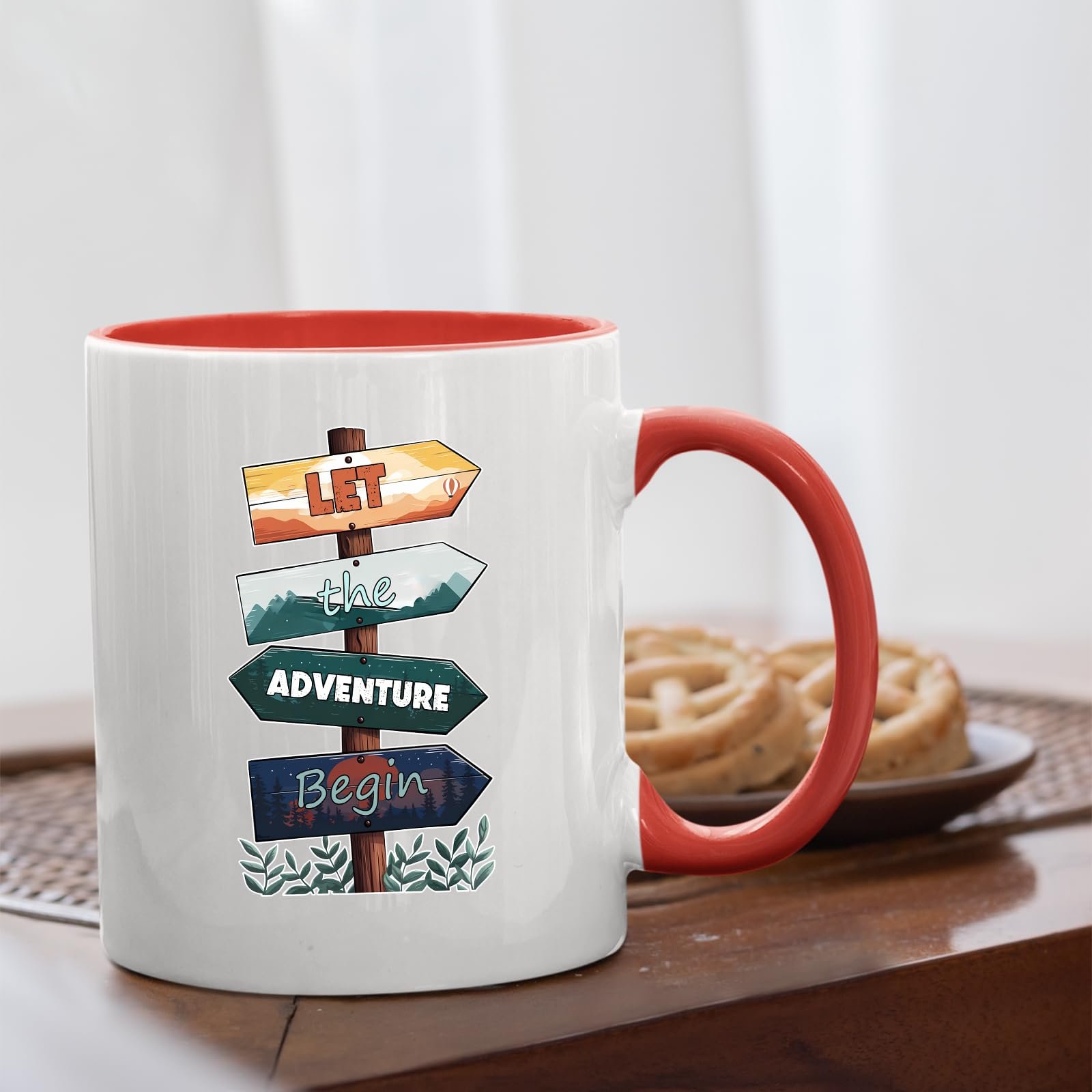 61myayelunl.jpg Let the Adventure Begin mug with a red handle beside biscuits