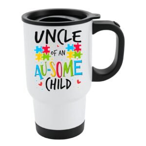 White travel mug with black lid and “Uncle of an AU-SOME child” with colourful puzzle pieces
