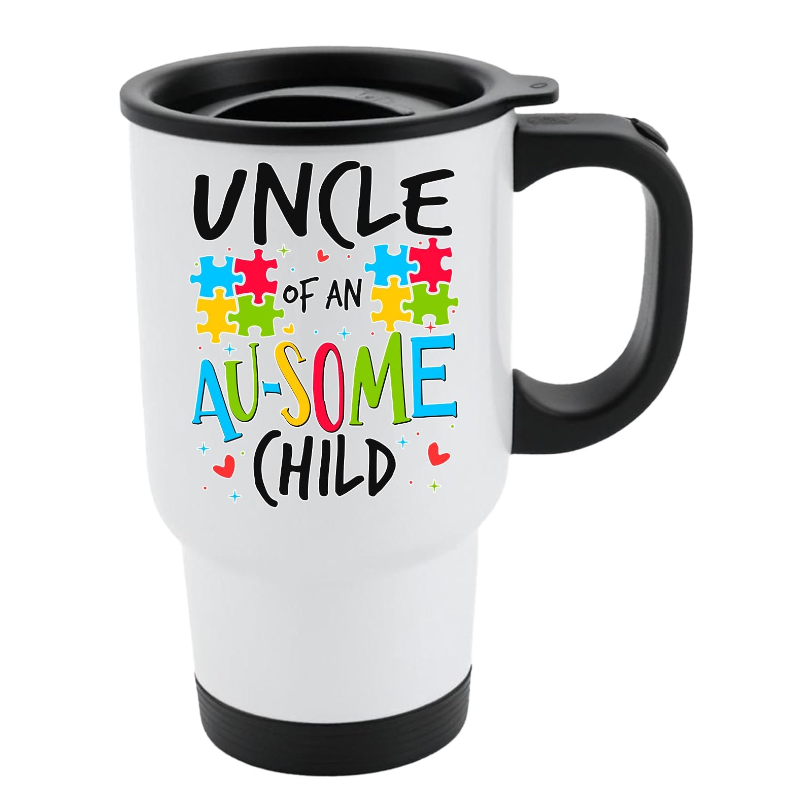61mgc4byjal.jpg White travel mug with black lid and “Uncle of an AU-SOME child” with colourful puzzle pieces