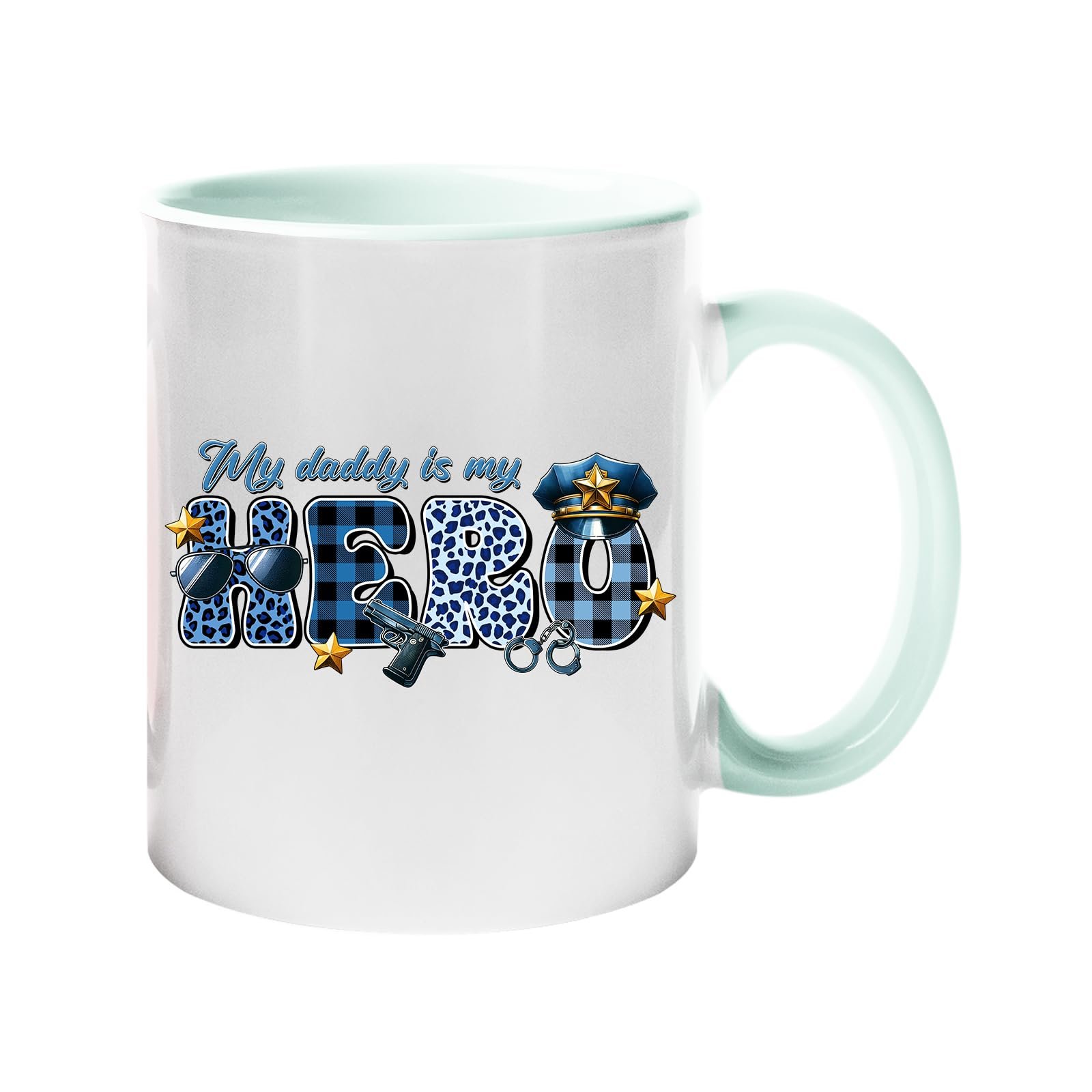 61o2kp7qbdl.jpg Colour handle mug with “My daddy is my hero” in blue plaid and leopard letters with a police cap and badge – lime handle and inside