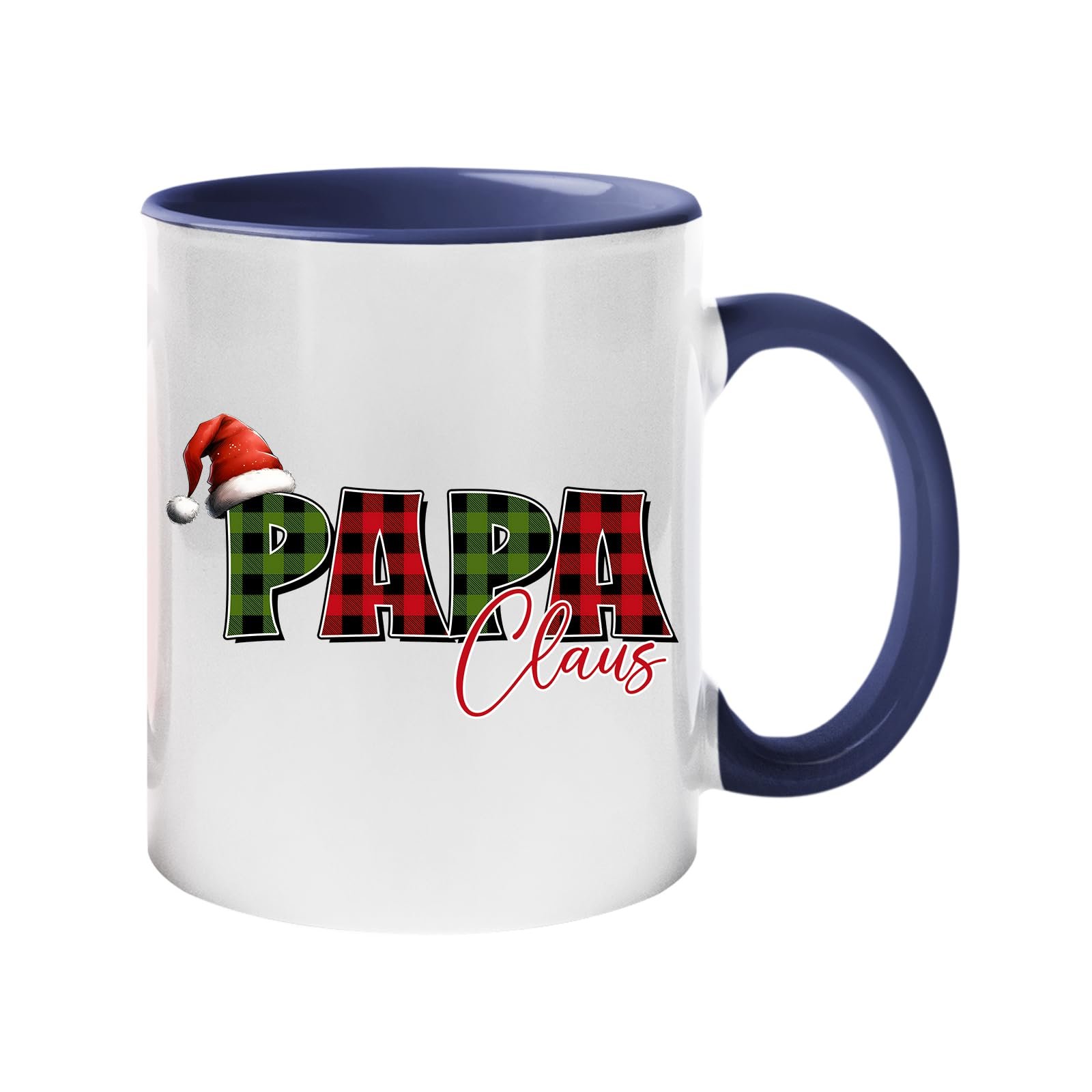 61o2yb8ab0l.jpg Colour handle mug with “Papa” in red and green plaid with a Santa hat and “Claus” in script – dark blue handle and inside