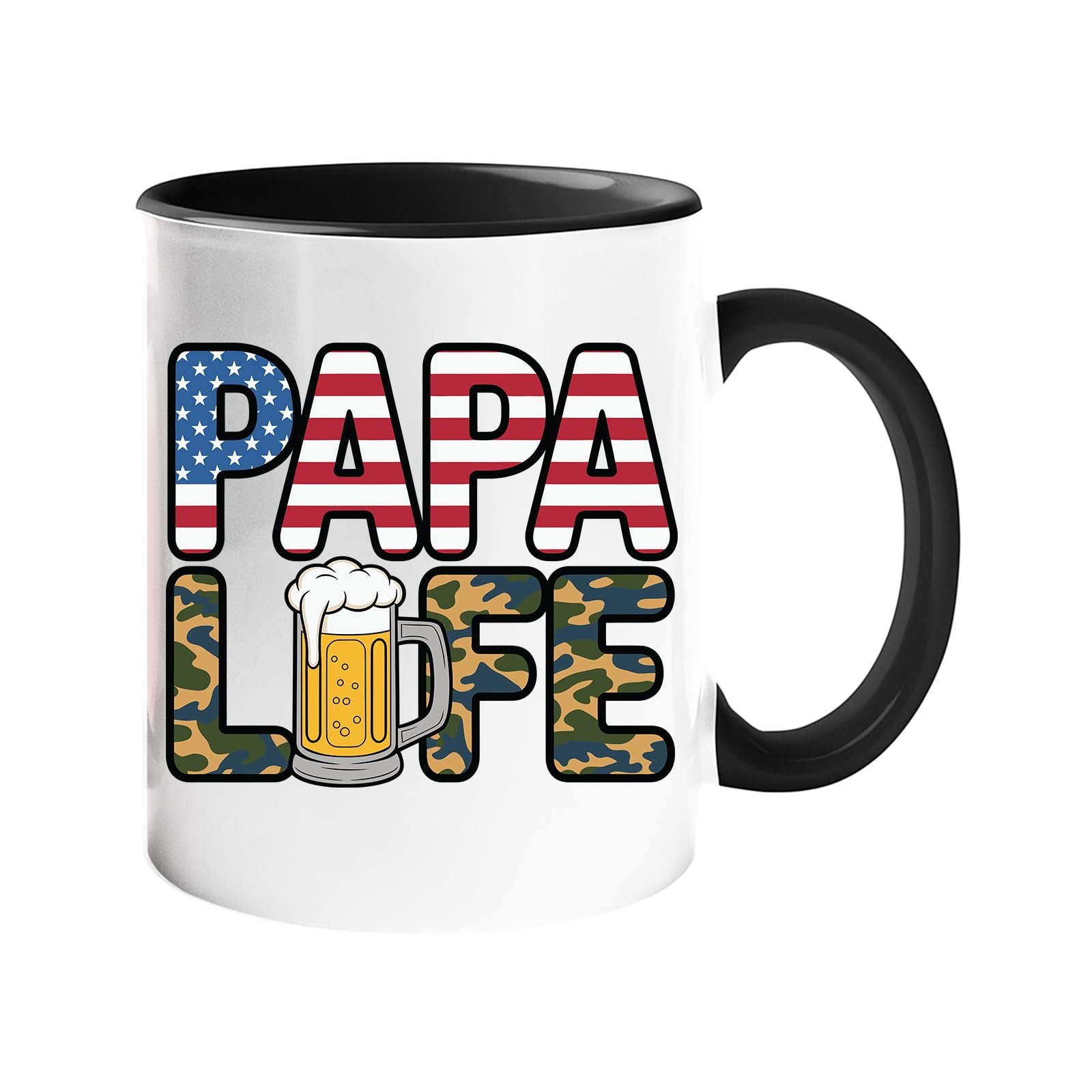61ovbuwsmvl.jpg Colour handle mug with “Papa” in stars and stripes over camo “Life” with a frothy beer – black handle and inside