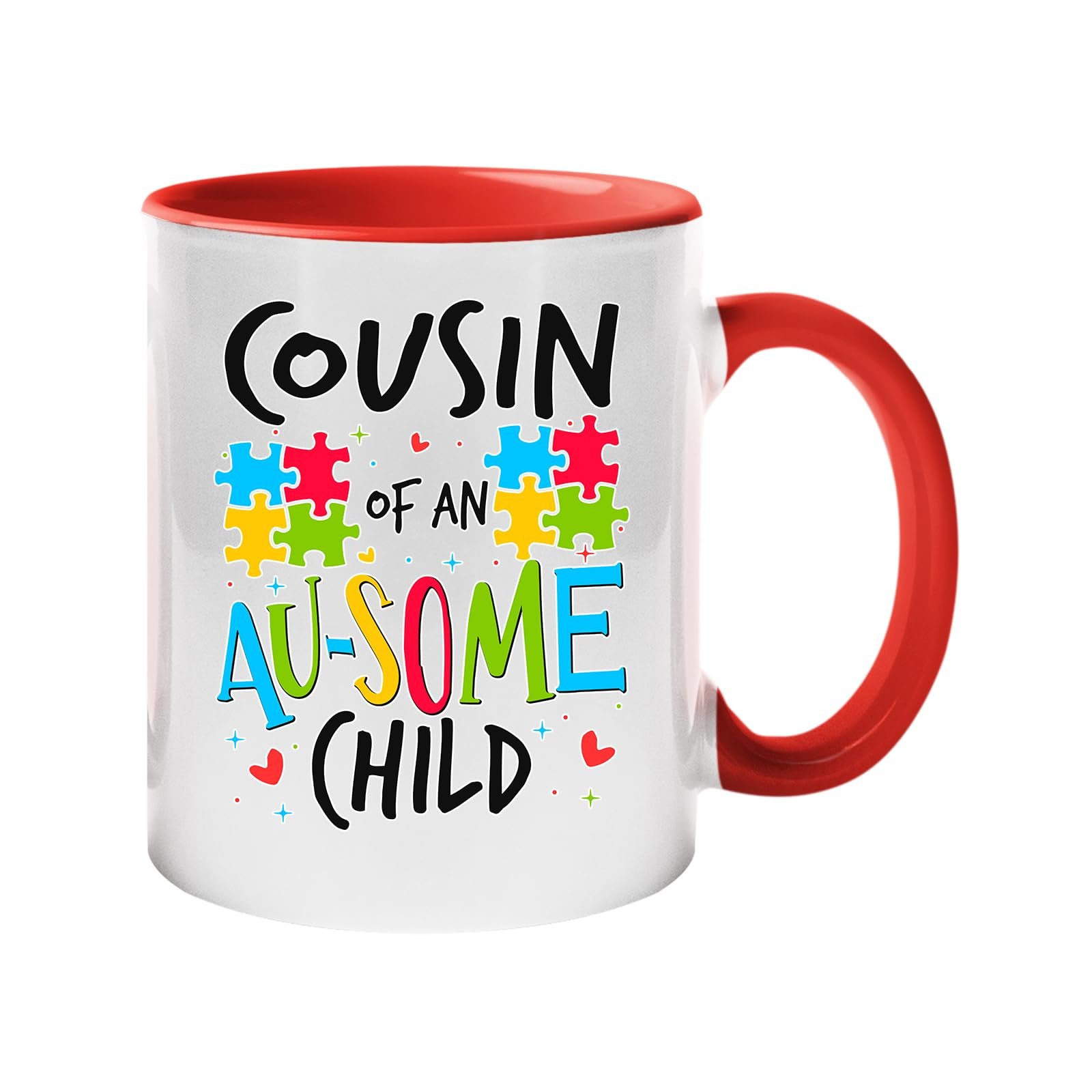 61oeqteezvl.jpg Colour handle mug with “Cousin of an AU-SOME child” with colourful puzzle pieces – red handle and inside