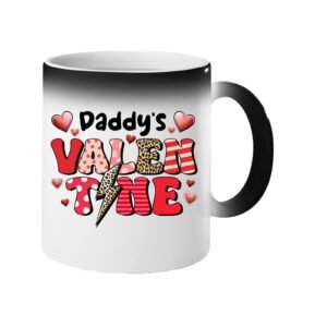 Colour changing mug revealing “Daddy’s Valentine” in patterned letters with hearts and a leopard lightning bolt