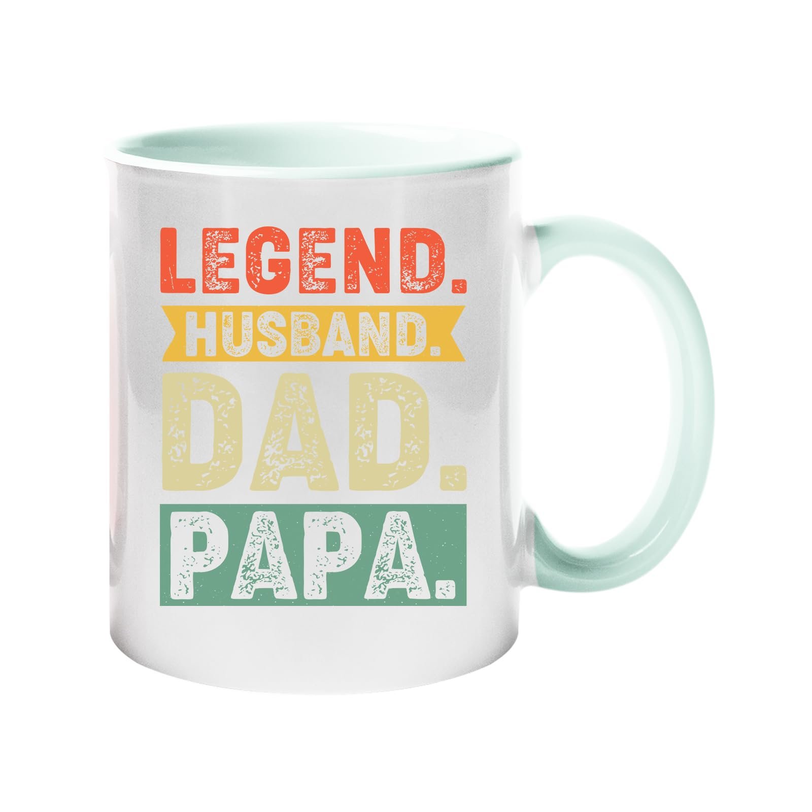 61oyqdfvuml.jpg Colour handle mug with “Legend. Husband. Dad. Papa.” in distressed retro colour blocks – lime handle and inside