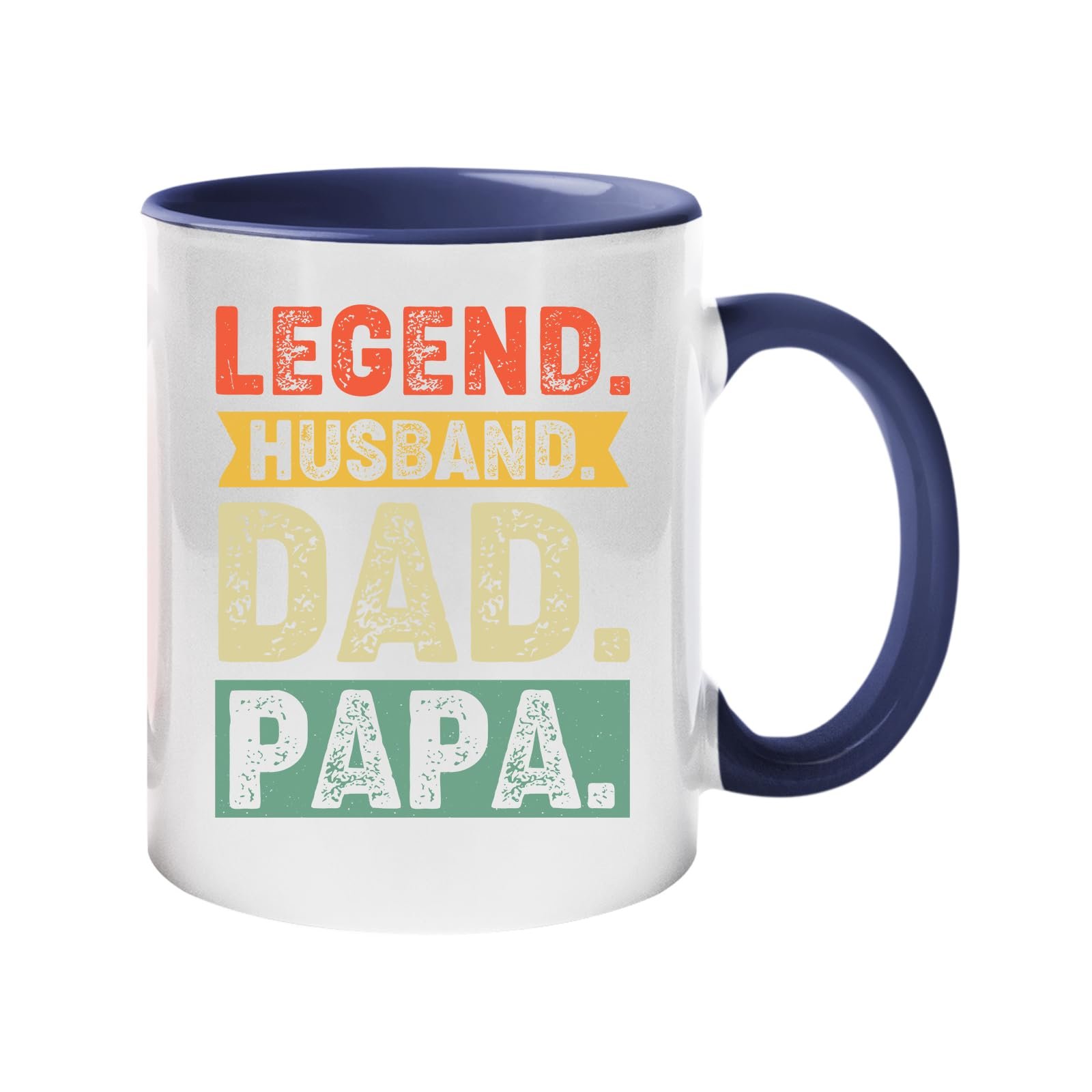 61pen9xmv1l.jpg Colour handle mug with “Legend. Husband. Dad. Papa.” in distressed retro colour blocks – dark blue handle and inside