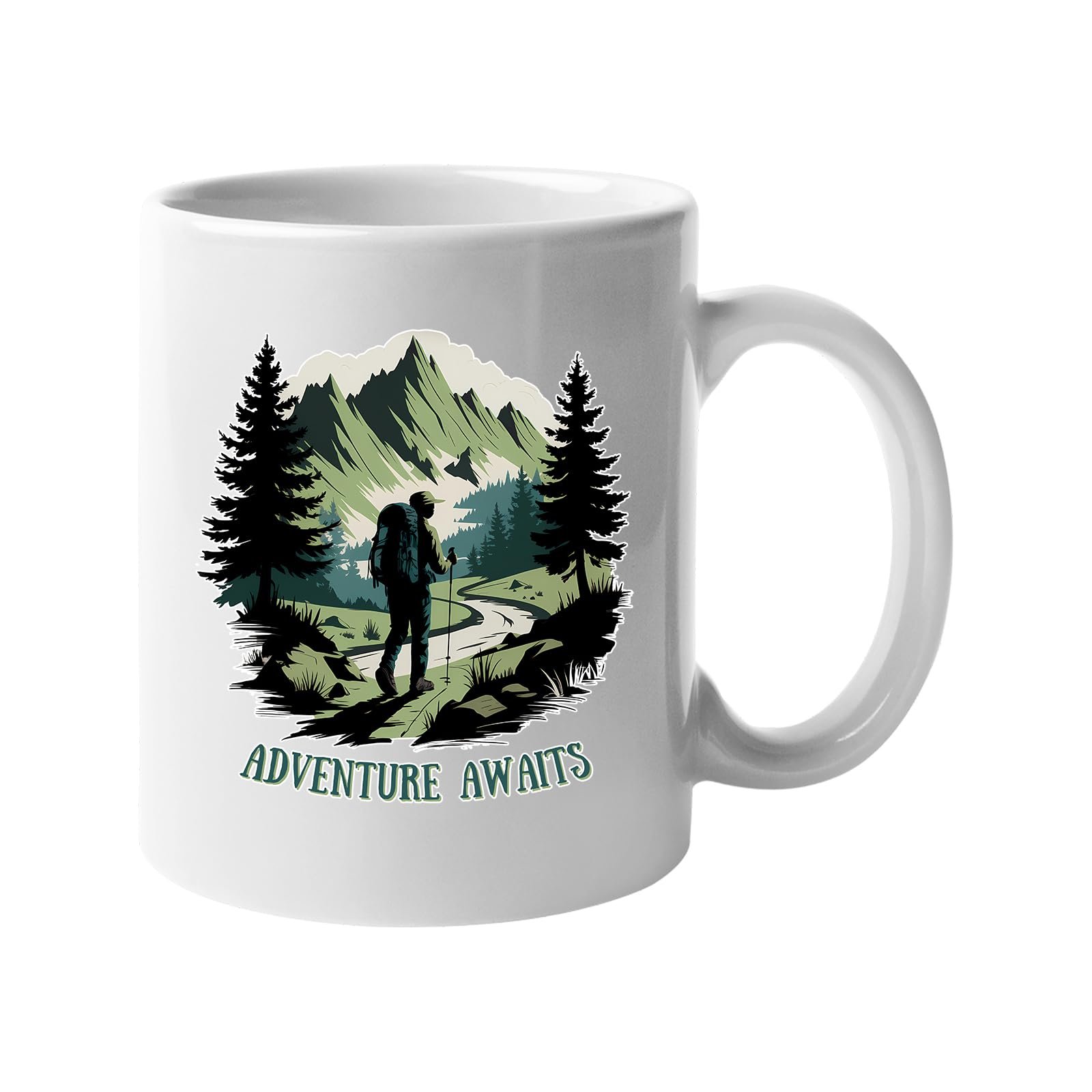 61pi2yd2okl.jpg White mug with a hiker on a mountain trail between pine trees with “Adventure awaits”