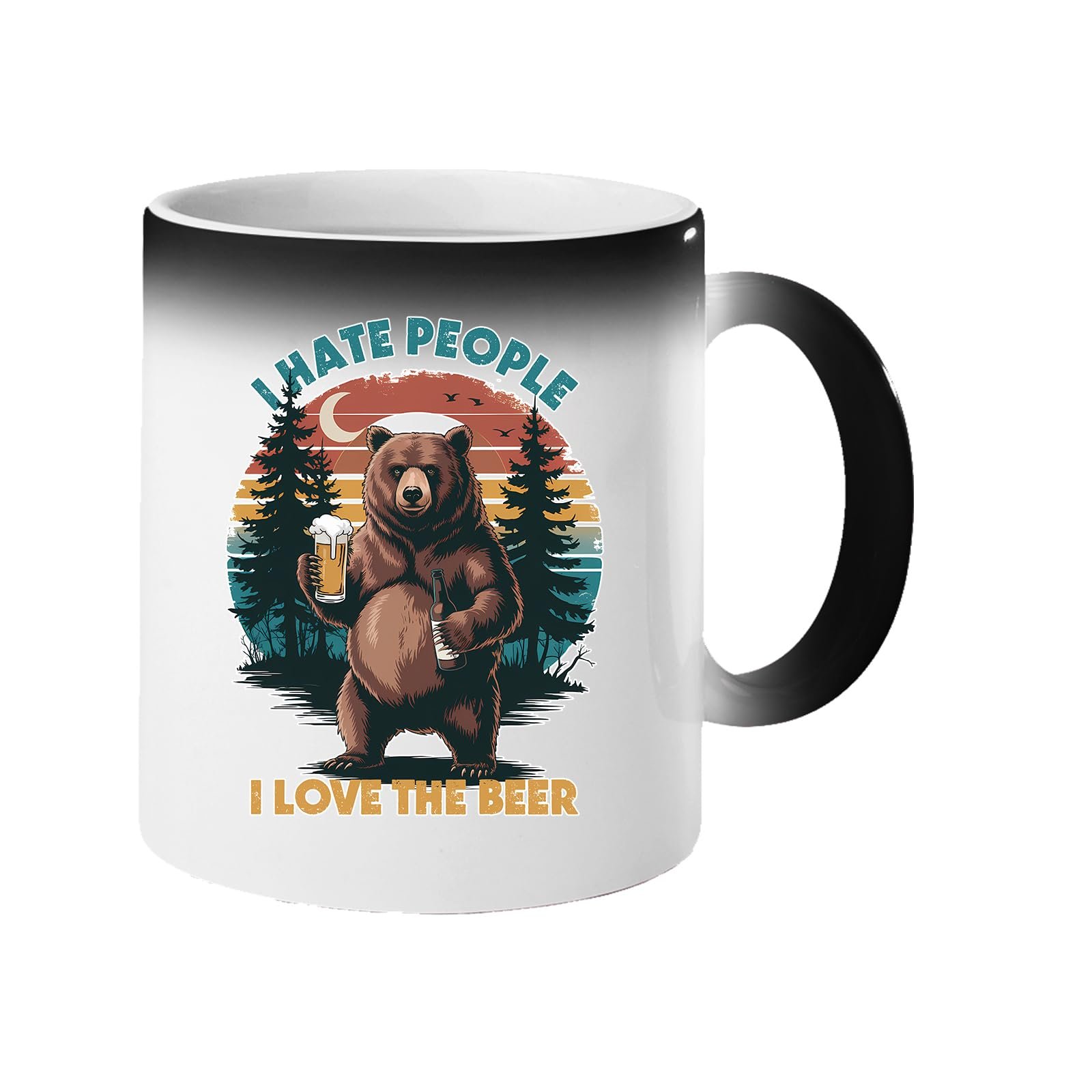 61phgxatz1l.jpg Colour changing mug revealing a bear holding a beer against a retro forest sunset with “I hate people, I love the beer”