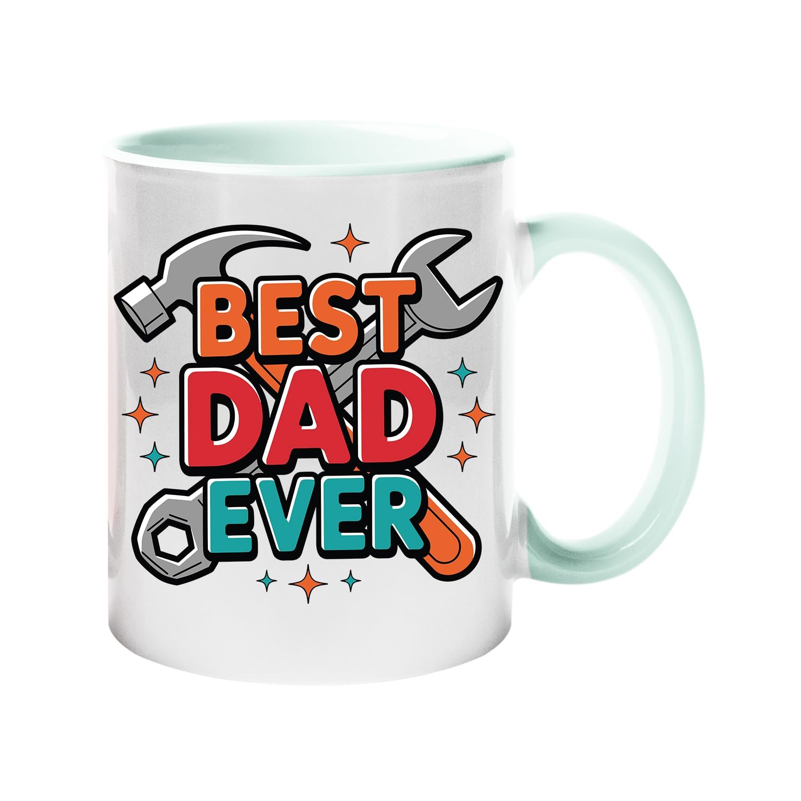 61r0ujh9obl.jpg Colour handle mug with “Best Dad Ever” framed by a hammer and spanner – lime handle and inside