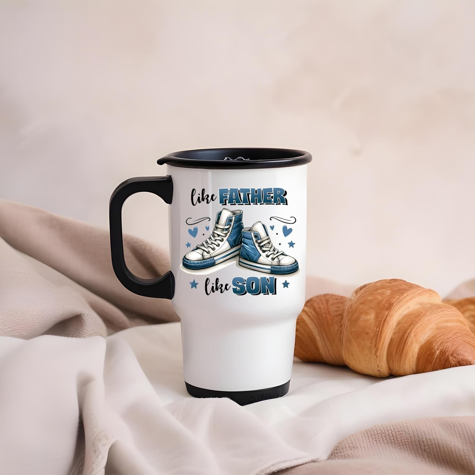 61rhxp2lqrl.jpg Like Father Like Son travel mug on a soft blanket beside a croissant