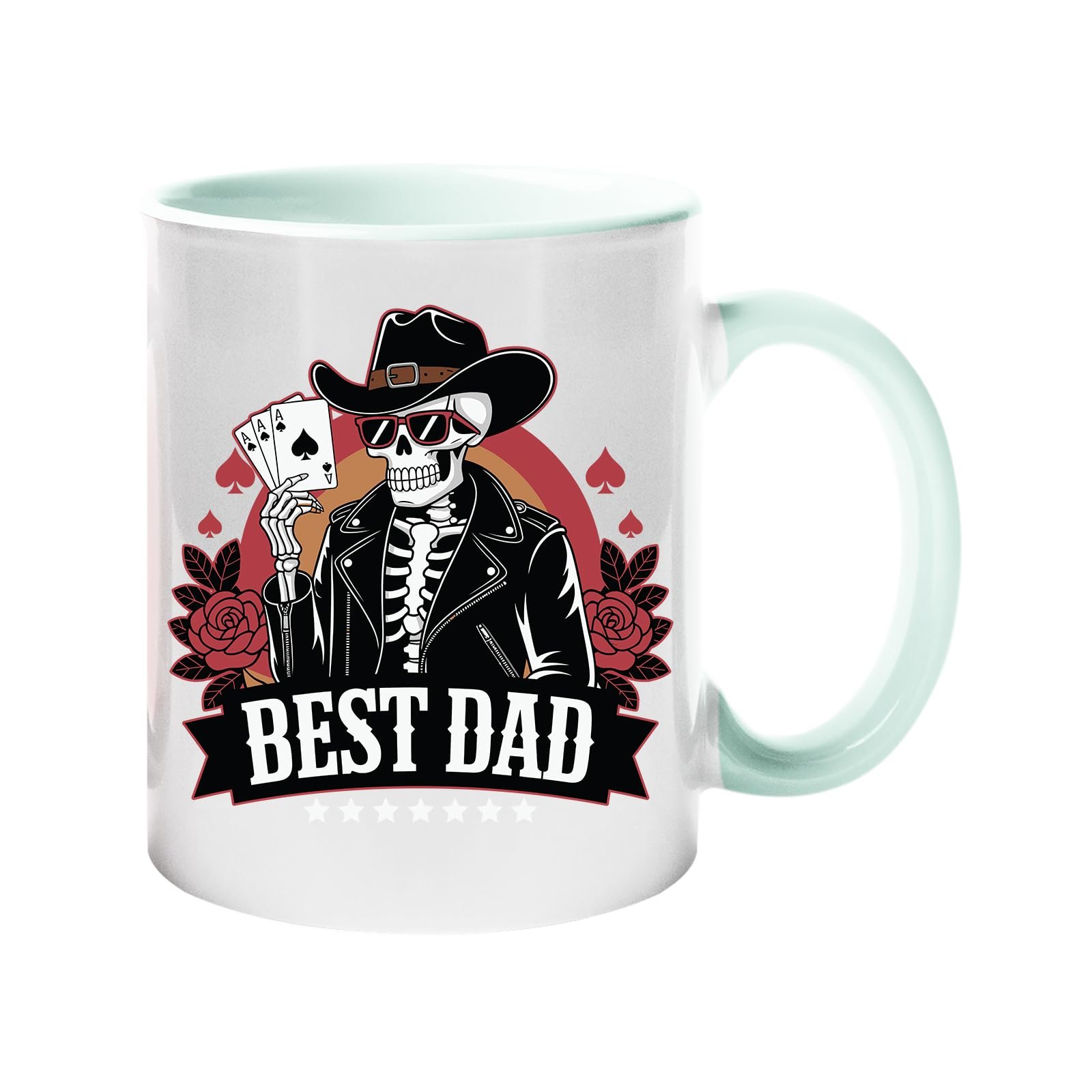 61sehc8tsgl.jpg Colour handle mug with a skeleton cowboy holding aces above a “Best Dad” banner – lime handle and inside