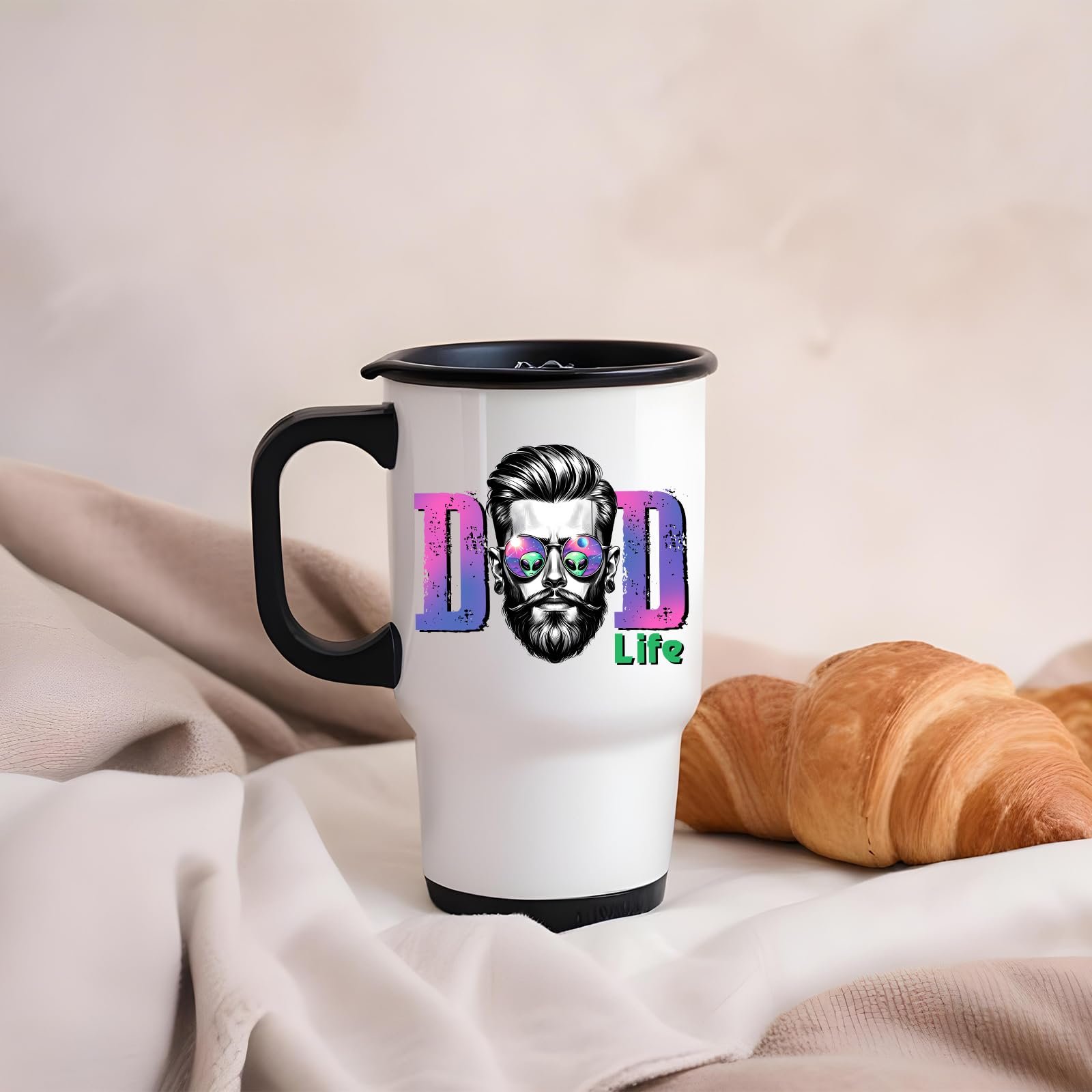 61shspyw l.jpg Dad Life bearded dad travel mug on a soft blanket beside a croissant