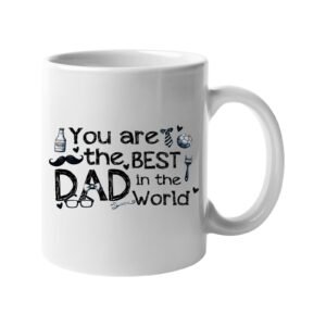 White mug with โYou are the best Dad in the worldโ with hand-drawn dad icons