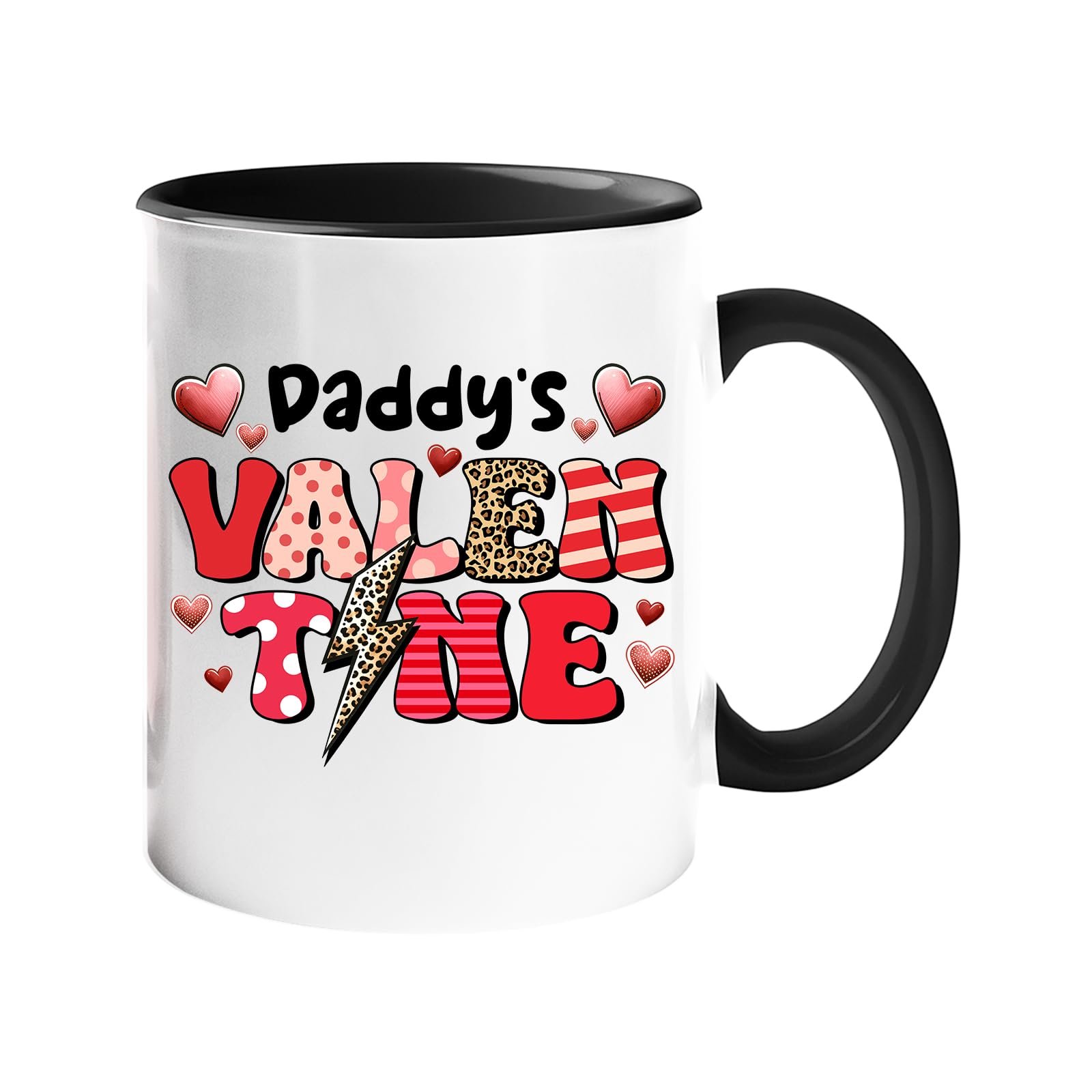 61snwa6fx l.jpg Colour handle mug with “Daddy’s Valentine” in patterned letters with hearts and a leopard lightning bolt – black handle and inside