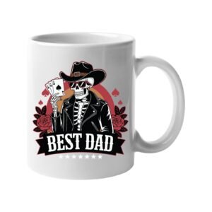 White mug with a skeleton cowboy holding aces above a “Best Dad” banner