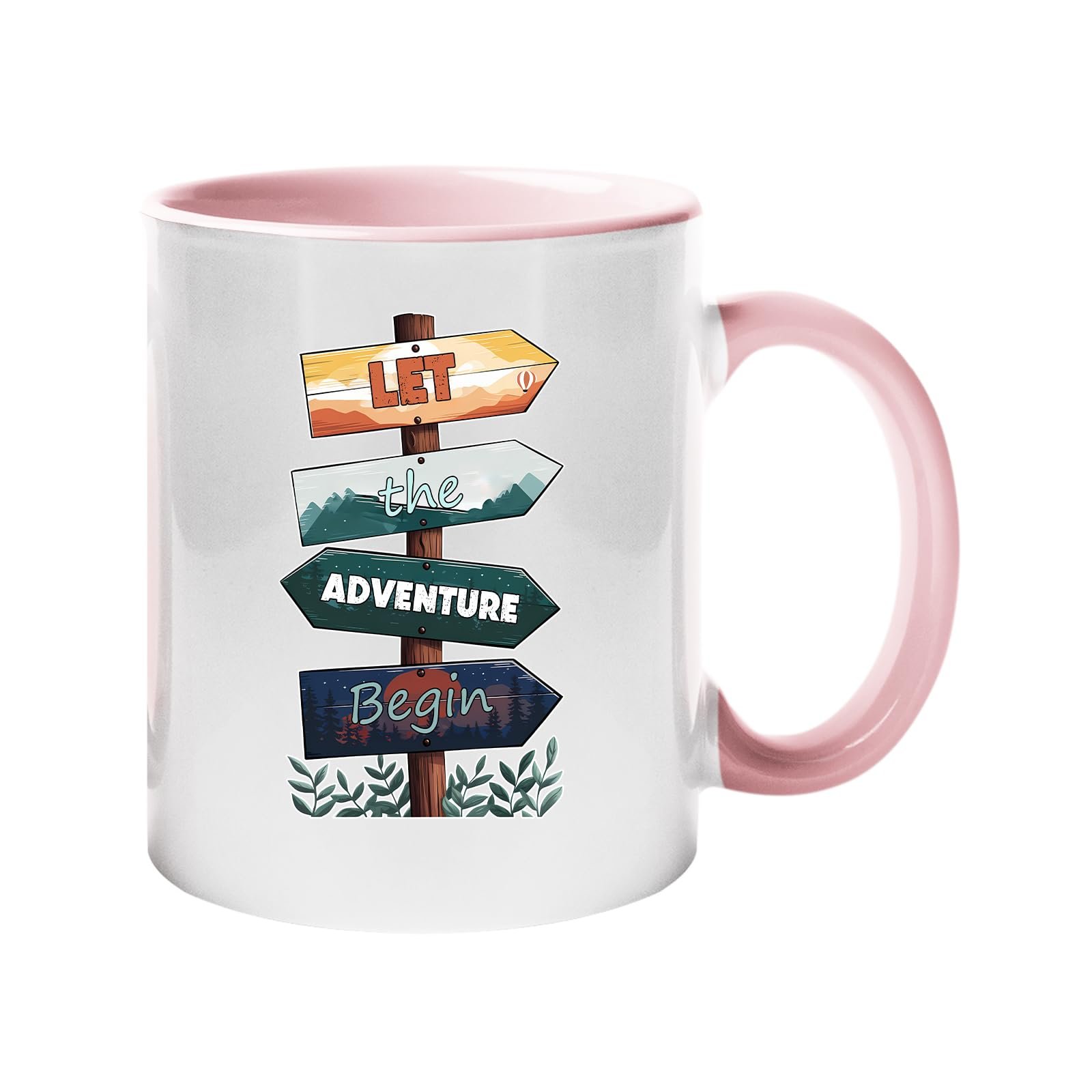61vjao ocdl.jpg Colour handle mug with wooden signposts spelling out “Let the adventure begin” – light pink handle and inside