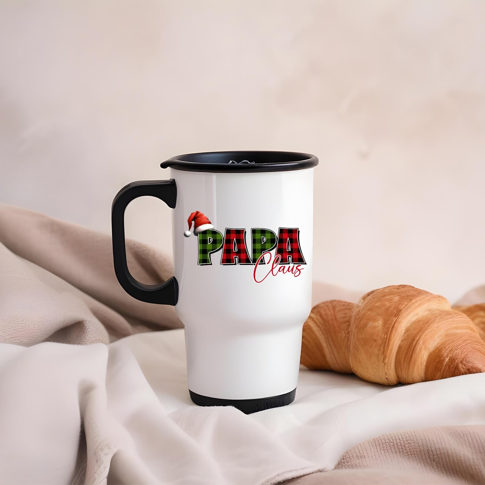 61vtkym567l 1.jpg Papa Claus travel mug on a soft blanket beside a croissant