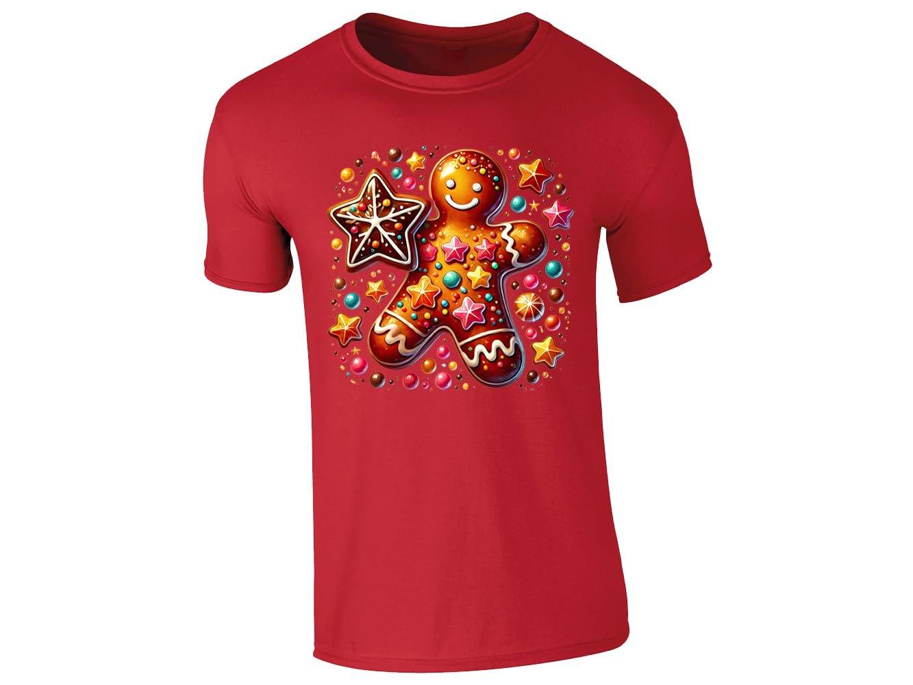 61vnflidofl.jpg Red men's T-shirt with gingerbread man and Christmas sweets design