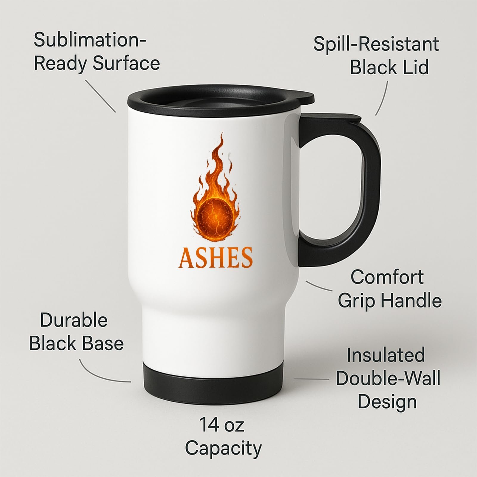 61vx22mlwvl.jpg Ashes travel mug with labels for spill-resistant lid and 14oz capacity