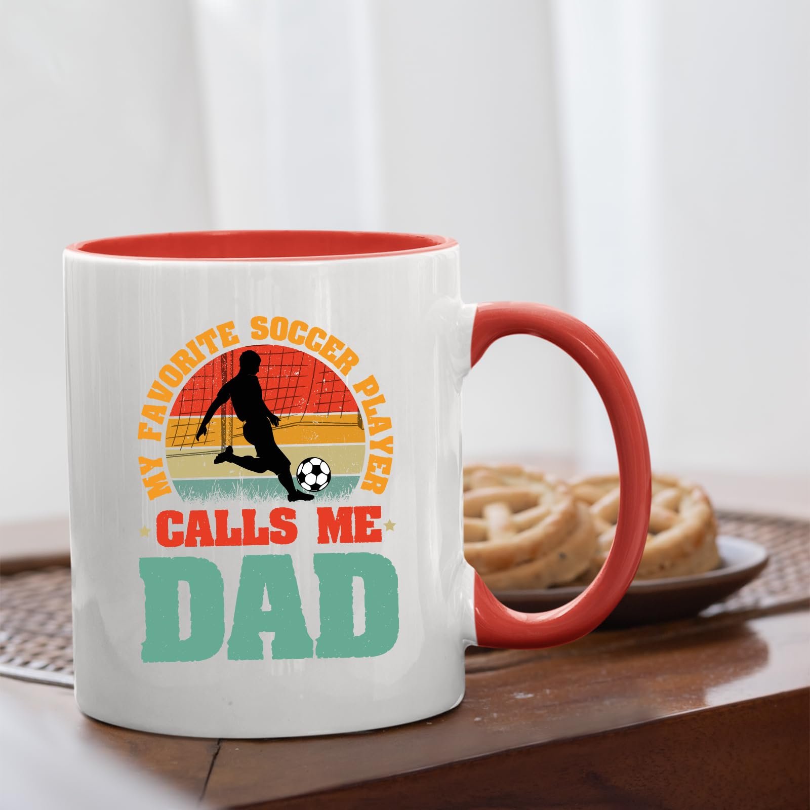 61wkdusupjl.jpg Soccer Dad mug with a red handle beside biscuits