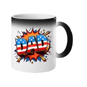 Colour changing mug revealing a comic-style “DAD” in stars and stripes on a starburst