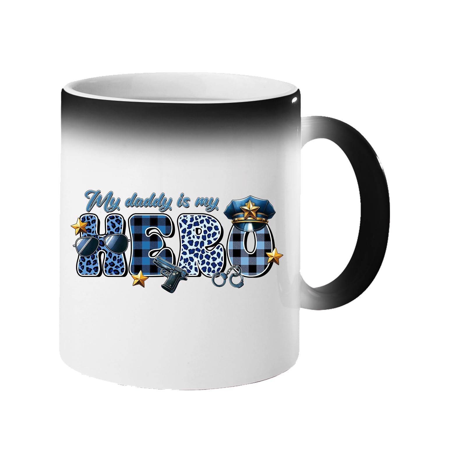 61xtzgoz al.jpg Colour changing mug revealing “My daddy is my hero” in blue plaid and leopard letters with a police cap and badge
