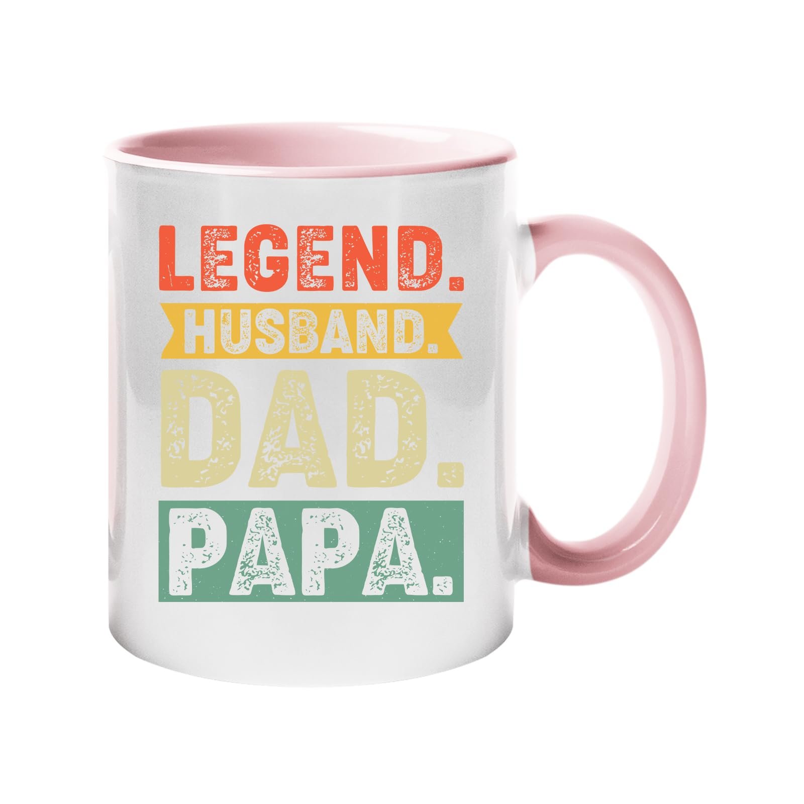 61xwybus6ol.jpg Colour handle mug with “Legend. Husband. Dad. Papa.” in distressed retro colour blocks – light pink handle and inside