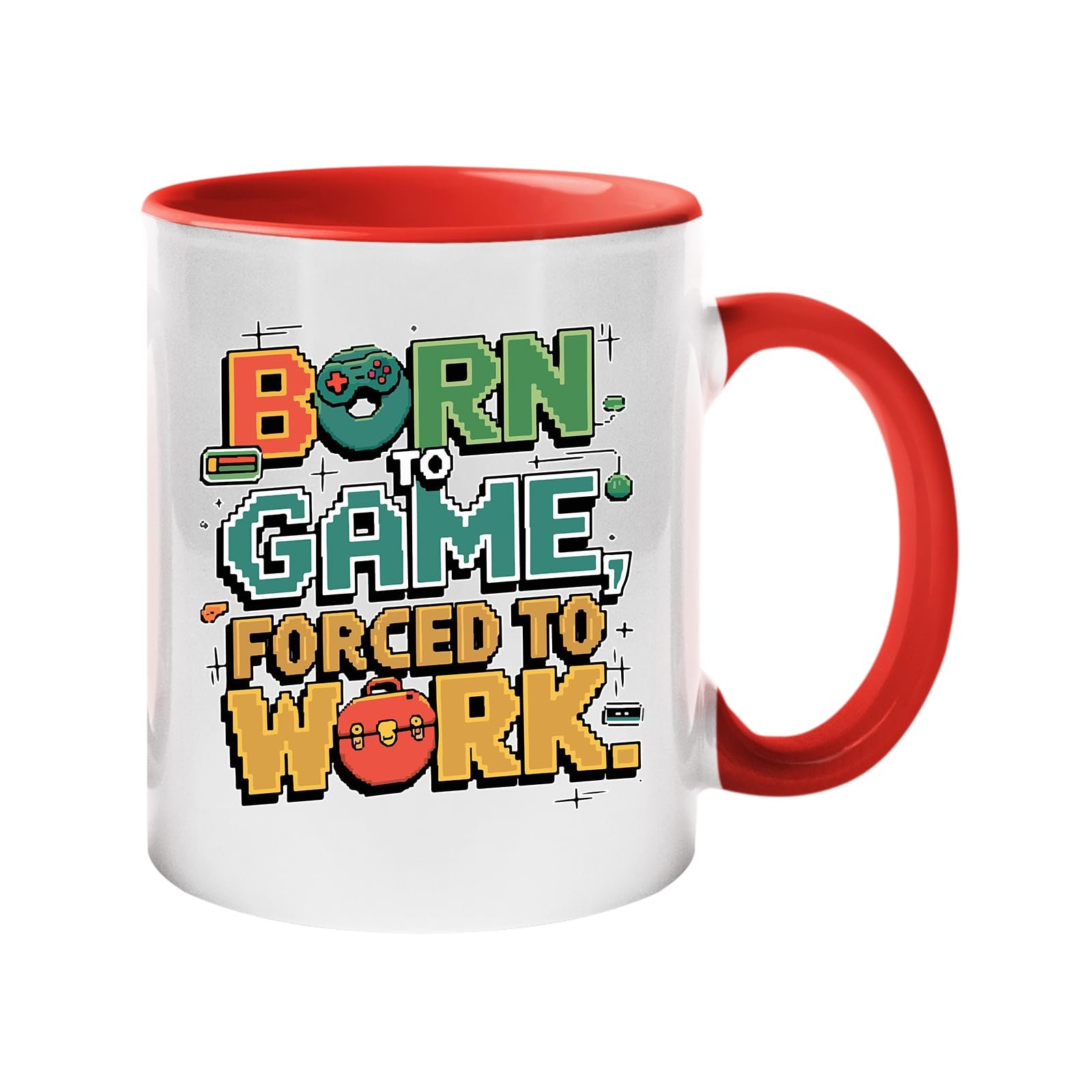 61xndd1bsil.jpg Colour handle mug with “Born to game, forced to work” in colourful arcade lettering – red handle and inside