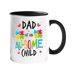 Colour handle mug with “Dad of an AU-SOME child” with colourful puzzle pieces and hearts – black handle and inside