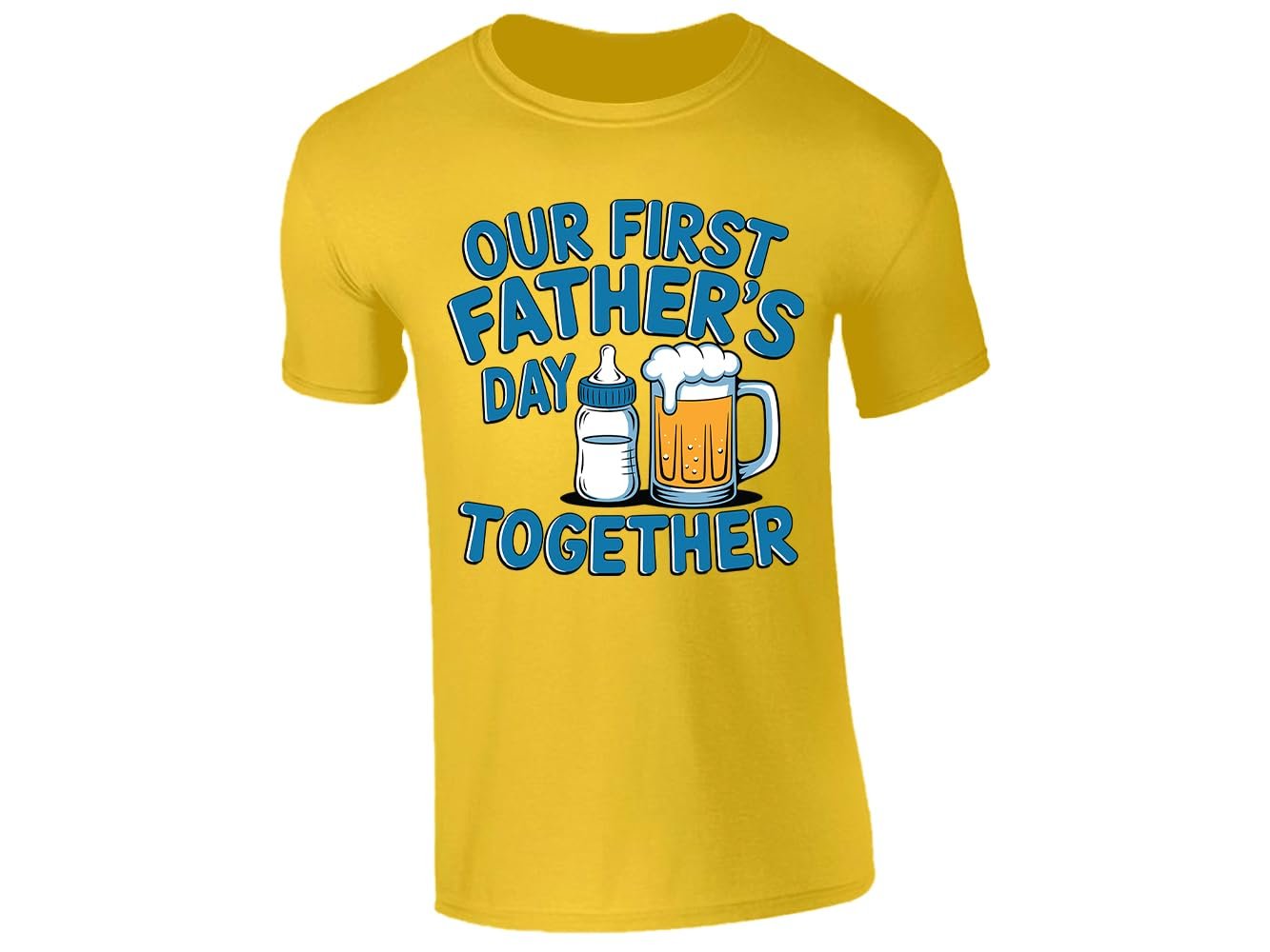 61yfhv qknl.jpg Yellow men's T-shirt with “Our first Father’s Day together” baby bottle and beer design