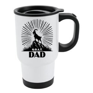 White travel mug with black lid and a mountain goat on a peak with a sunburst and “G.O.A.T. Dad”